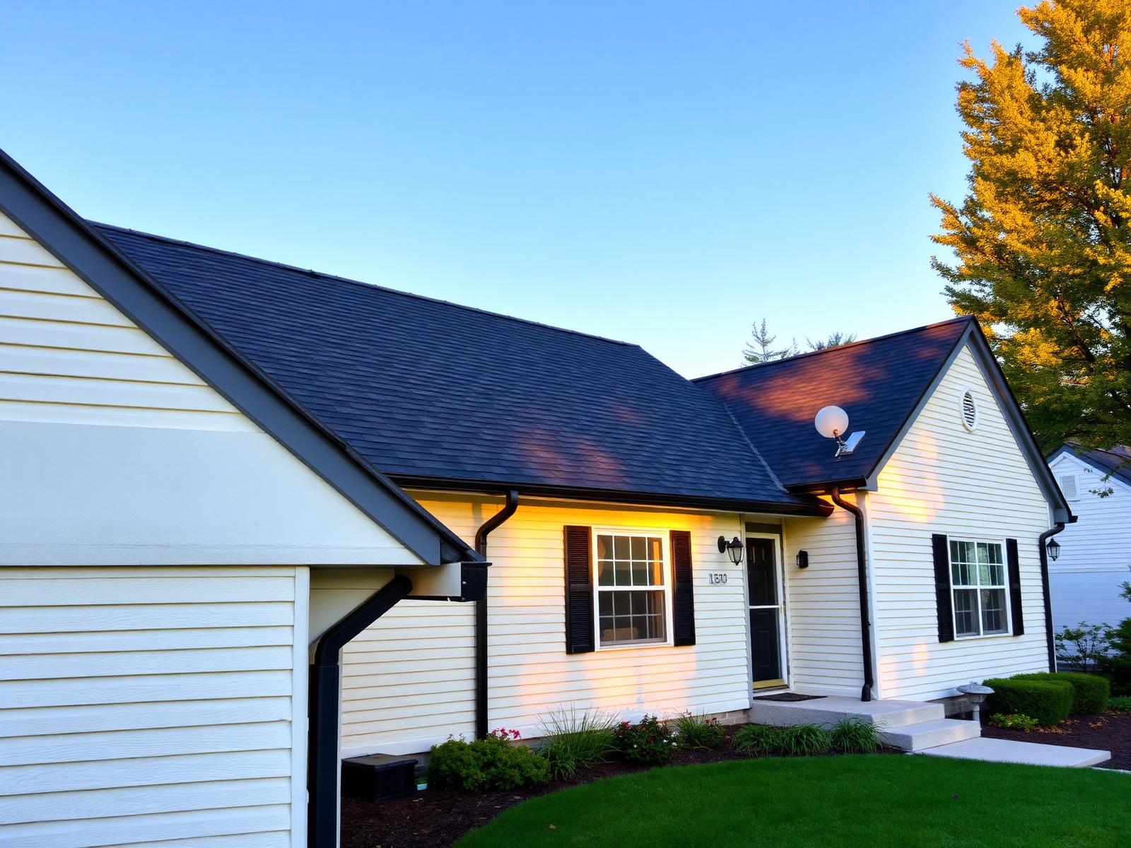 Home with a freshly installed dark asphalt shingle roof and black gutters